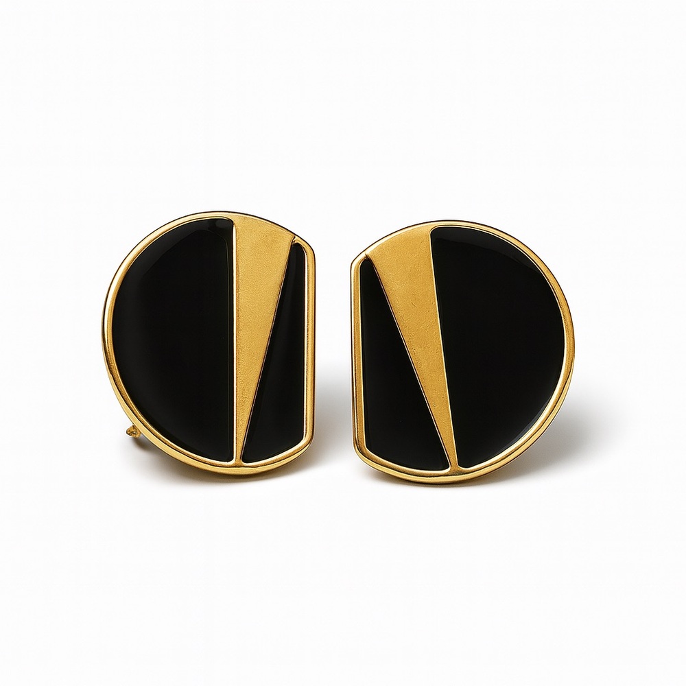 Signed Monet Black & Gold Geometric Enamel Earrings | Vintage 80s Clip-On